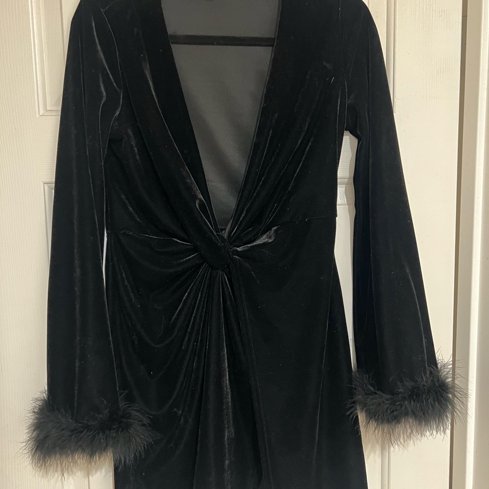 Fashion Nova Black Velvet Dress with Feather Trim
